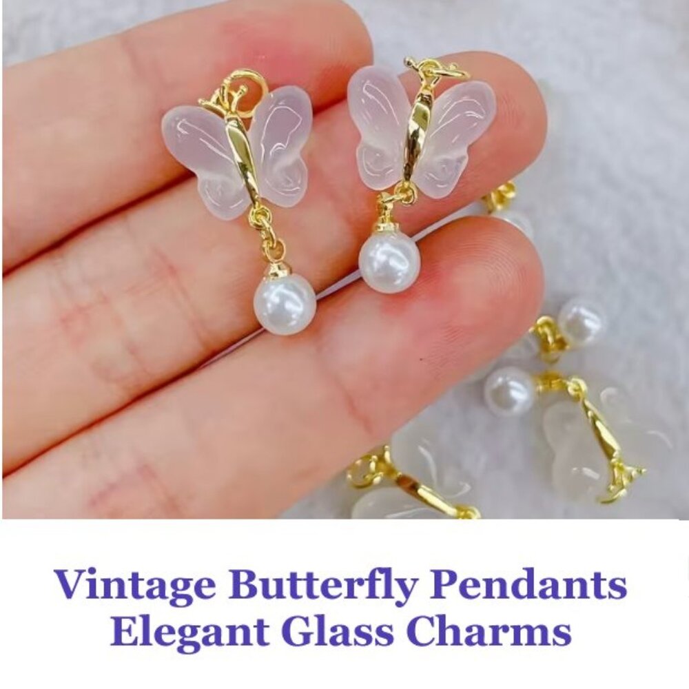 Vintage Butterfly Pendants, Elegant Glass Charms  4 Pieces